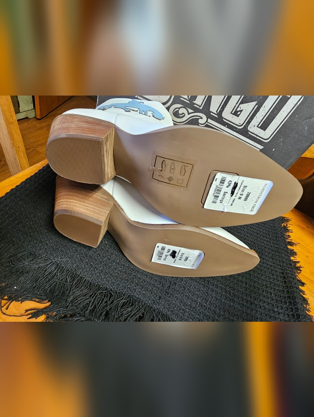 dingo White and Tan Western Heeled Boots with Blue Cowboy Rider Accent - Picture 2 of 5